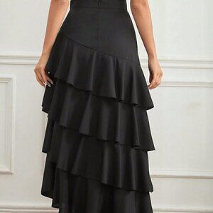 Black Preppy Women's Multi-Layer Ruffle Hem Midi Skirt